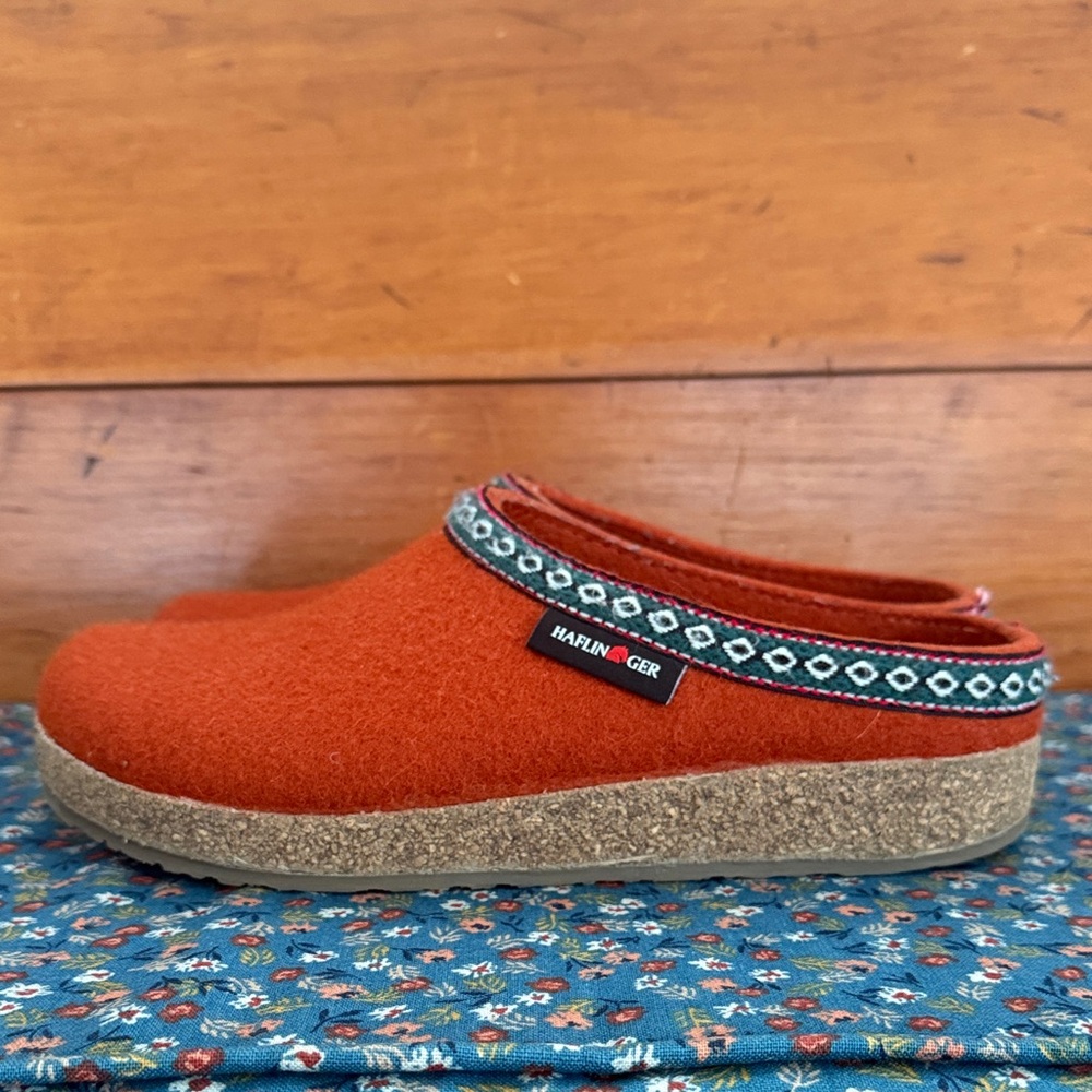 Haflinger Orange Wool Clogs with Patterned Trim
